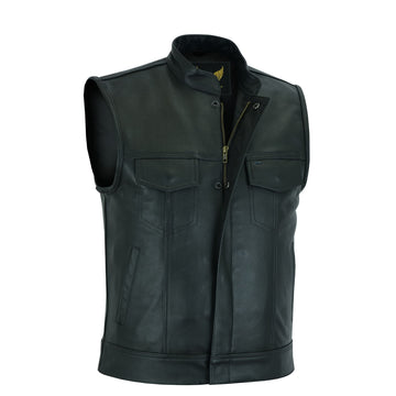 Front View of Men’s USA SOA Milled Leather Waistcoat with brass snap buttons and YKK brass zipper front closure.